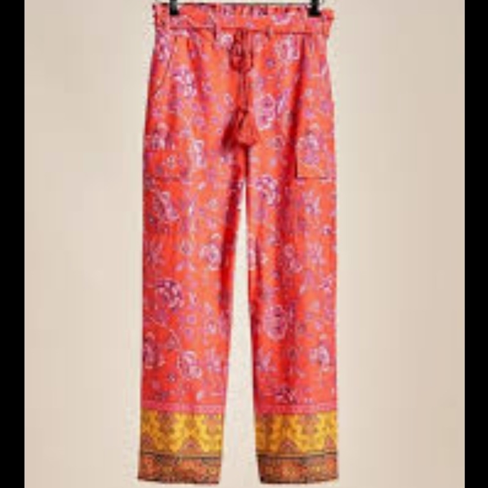 Drawstring Paisley Wide-Leg Pants - Coral